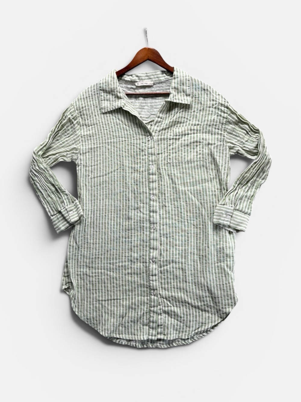 Salty Lemon Green & White 100% Cotton Seersucker Stripe Shirt Dress – Size Large